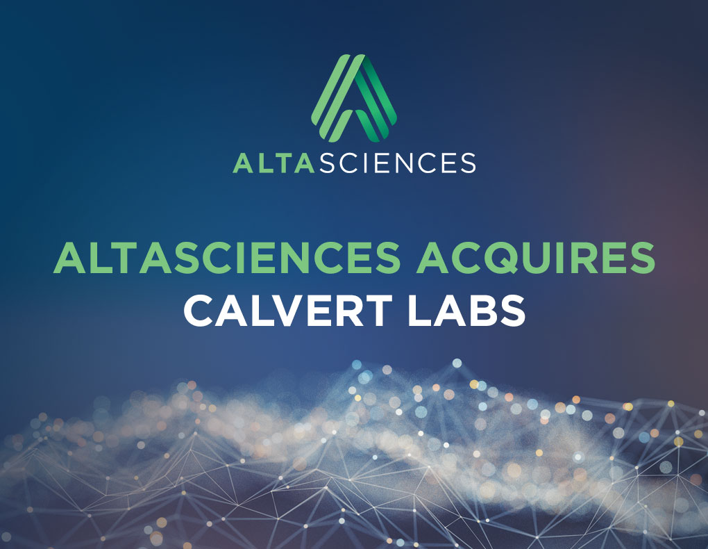 Abstract digital network connected to looks like a mountain or cloud with the words "Altasciences Acquires Calvert Labs" written across