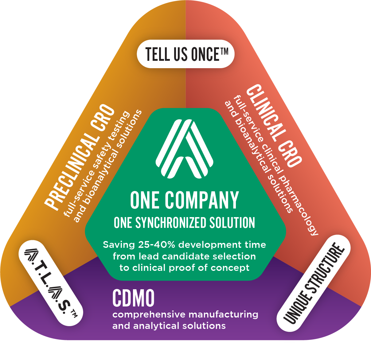 Colorful infographic in the shape of a triangle to demonstrate Altasciences' Proactive Drug Development approach.