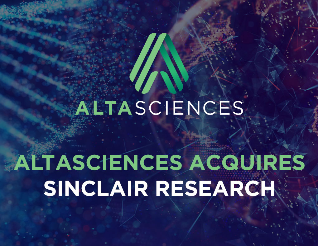 Abstract blue and purple background with the Altasciences logo and the words, "Altasciences Acquires Sinclair Research" written across. 