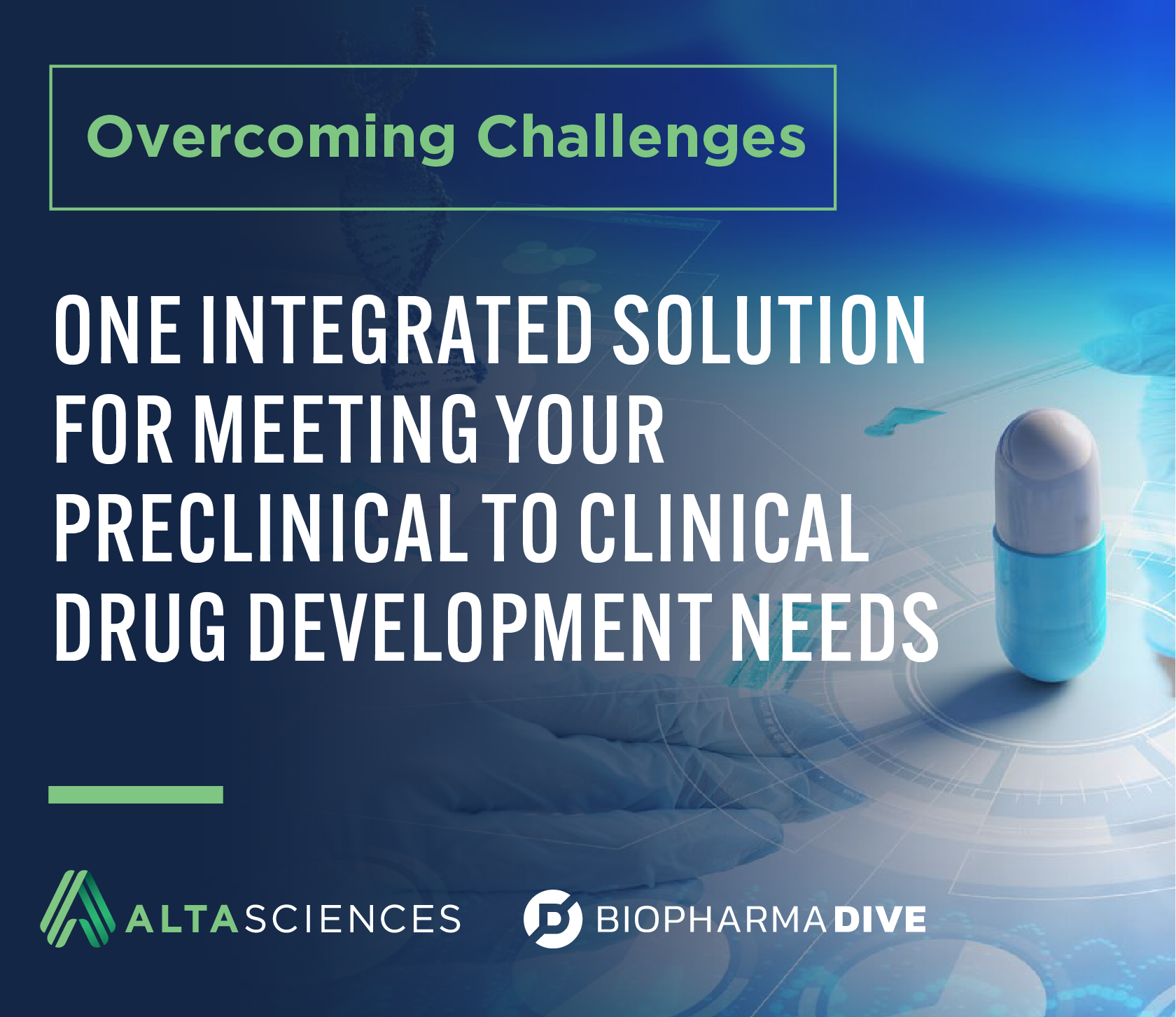 Photo of DNA strand, capsule, and hand with text overlay reading "One Integrated Solution for Meeting Your Preclinical to Clinical Drug Development Needs"