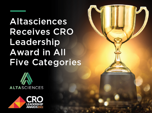 Photo of a trophy on a black background with the words "Press Release: Altasciences Receives CRO Leadership Award in All Five Categories