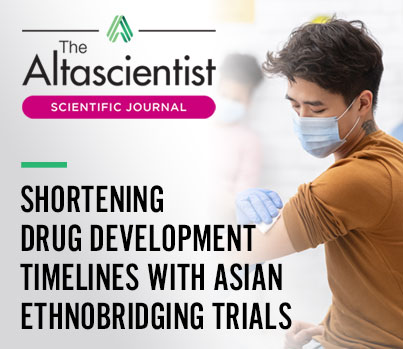 Photo of nurse preparing man's arm for injection with text overlay reading "Shortening drug development timelines with asian ethnobridging trials"