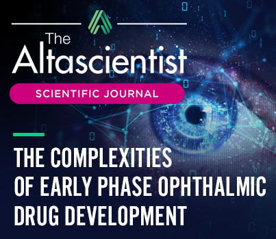 Abstract photo of an eye with "The Complexities of Early Phase Ophthalmic Drug Development" written over it