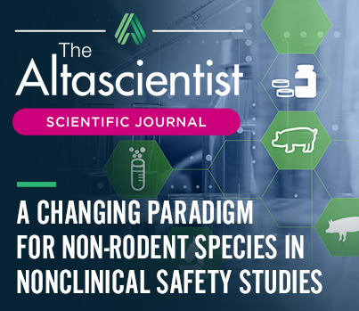 An abstract photo showing icons of beakers and swine with text saying "A Changing Paradigm for Non-Rodent Species in Nonclinical Safety Studies