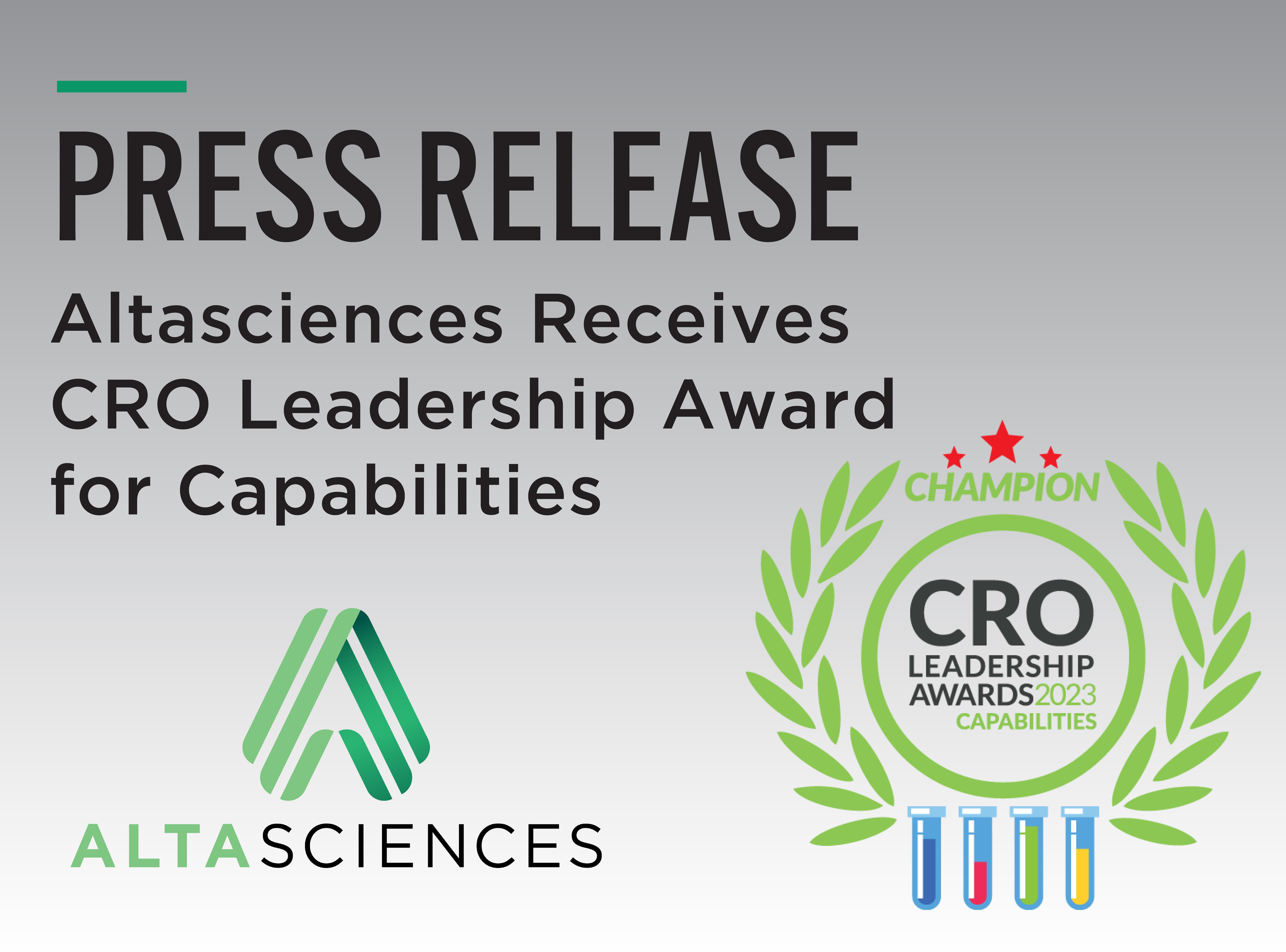 A gradient background with the Altasciences logo and a stamp for the CRO Leadership Award for Capabilities