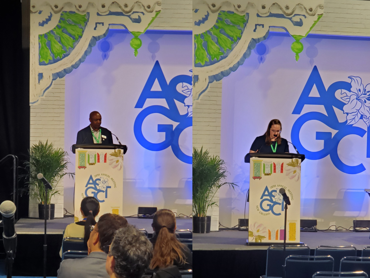 Norbert Makori and Kaylyn Koenig on stage presenting NHP research models in gene and cell therapy at ASGCT 2025.