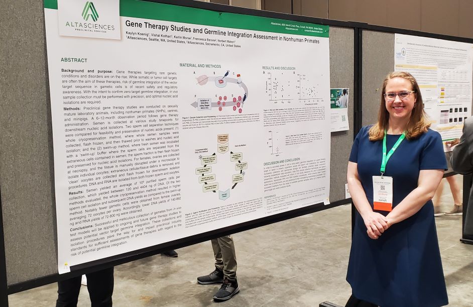 Kaylyn Koenig poses in front of Altasciences’ poster on germline assessment and gene therapy studies at ASGCT 2025.