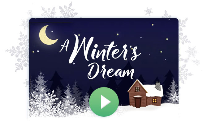 An animated thumbnail of a cabin in a wintery scene, with the night sky above