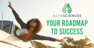 Woman sticking out of car window with her arms in the air. With words, "Altasciences, Your Roadmap to Success," are written across the image.