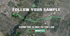 An aerial photo of a map depicting the route from our clinical facility to lab