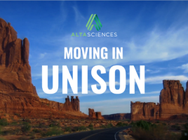 Canyons against blue sky with the words "Moving in Unison" and the Altasciences logo written across