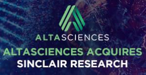 Abstract blue and purple background with the Altasciences logo and the words, "Altasciences Acquires Sinclair Research" written across.