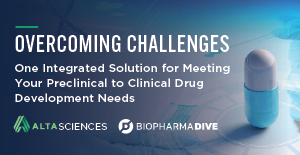 Photo of a pill sitting on a table with the words "Overcoming Challenges - One Integrated Solution for Meeting Your Preclinical to Clinical Drug Development Needs"