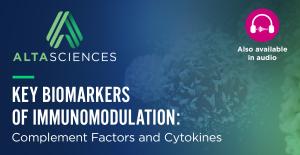 Abstract background with overlayed text saying "Key Biomarkers of Immunomodulation: Complement Factors and Cytokines"
